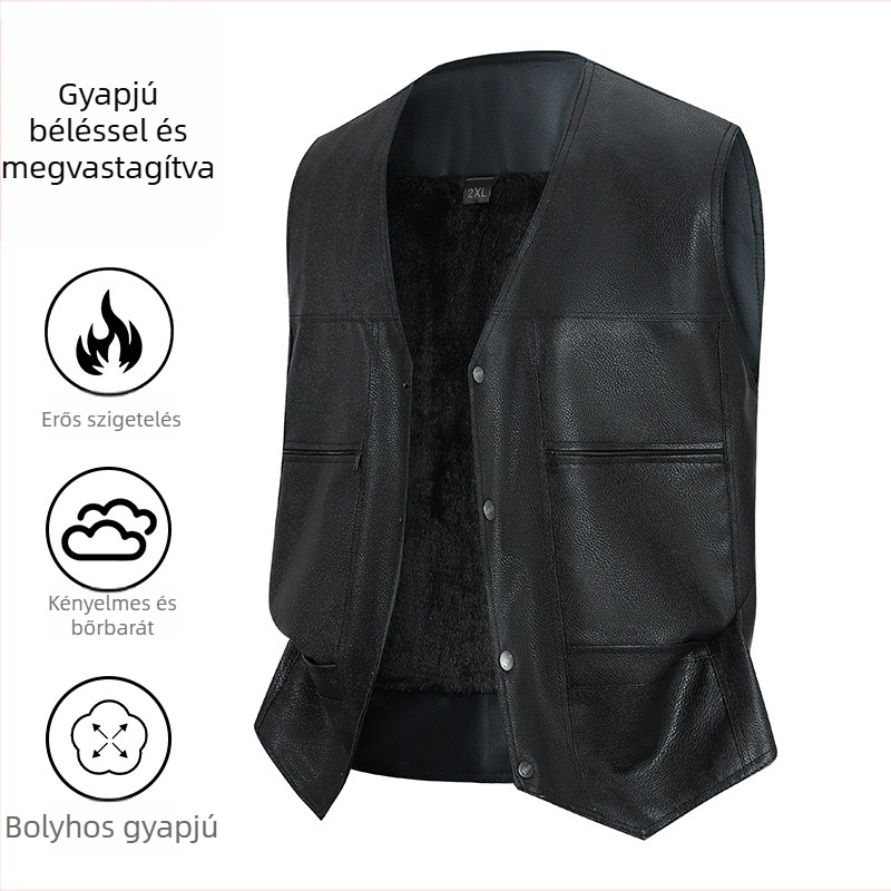 Férfi PU bőrből készült mellény fleece béléssel, őszi-téli külső, kapucni nélküli, több zseb