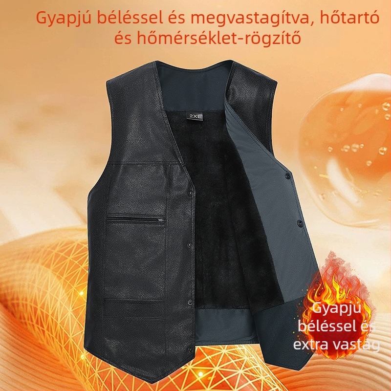 Férfi PU bőrből készült mellény fleece béléssel, őszi-téli külső, kapucni nélküli, több zseb