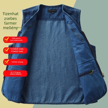 Férfi pamut–denim mellény több zsebbel, lélegző és kényelmes a tavasz–ősz időszakban