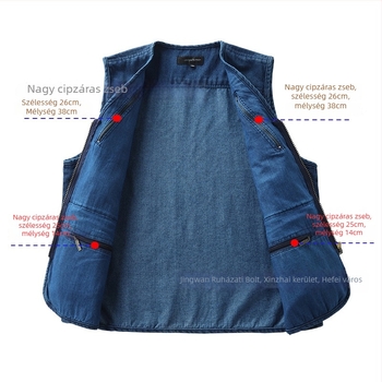 Férfi pamut–denim mellény több zsebbel, lélegző és kényelmes a tavasz–ősz időszakban