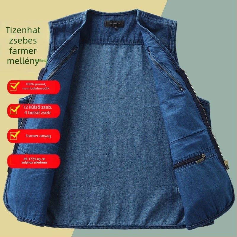 Férfi pamut–denim mellény több zsebbel, lélegző és kényelmes a tavasz–ősz időszakban