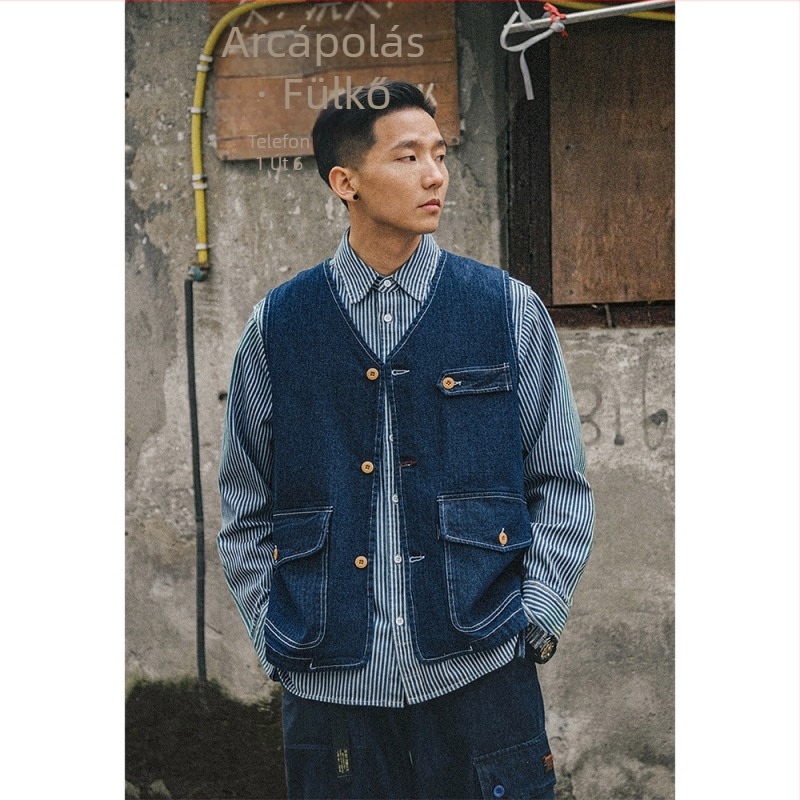 Retro denim mellény, amerikai mosott taktikai stílusú férfiaknak