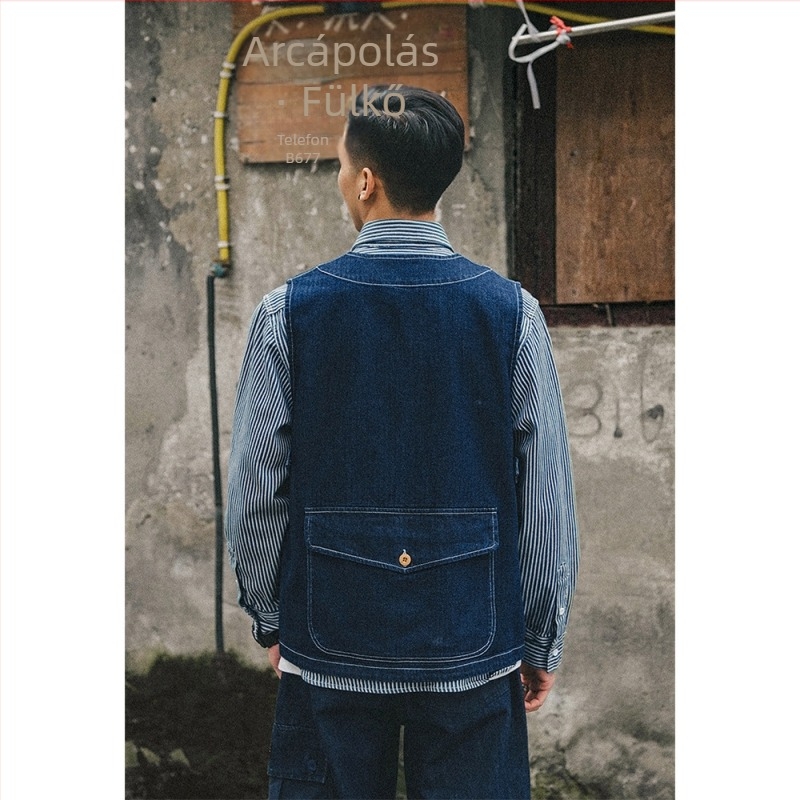 Retro denim mellény, amerikai mosott taktikai stílusú férfiaknak