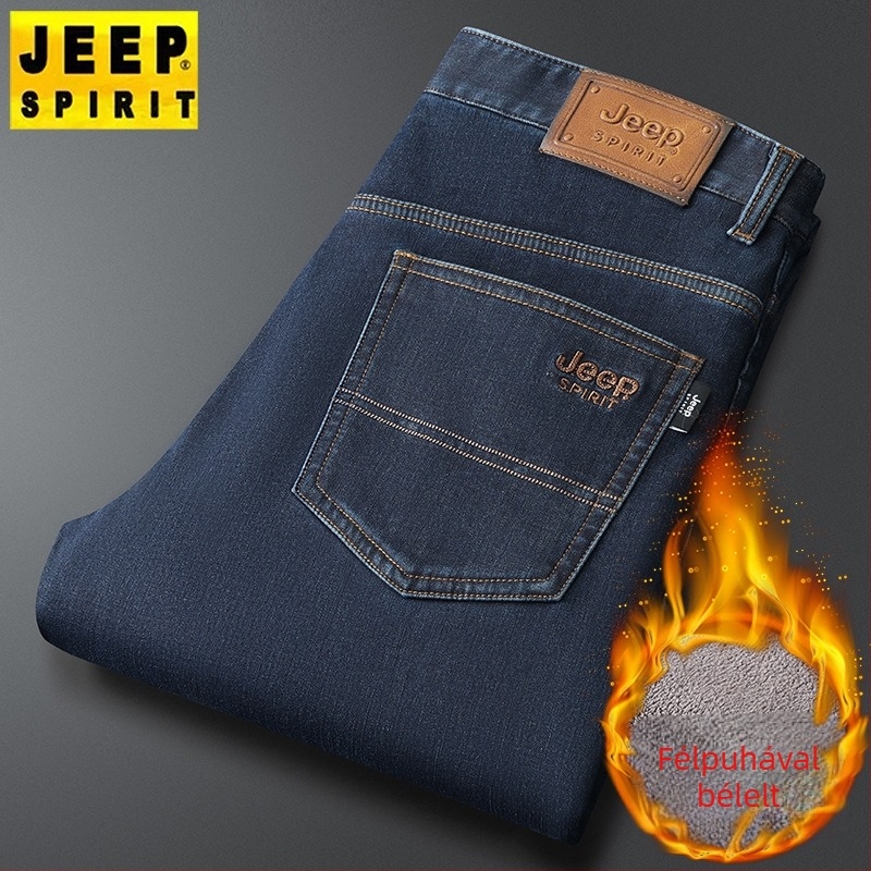 Férfi fleece-béléses farmernadrág, laza egyenes szabás, középmagas derék, cipzáras záródás, hímzés (J8045)
