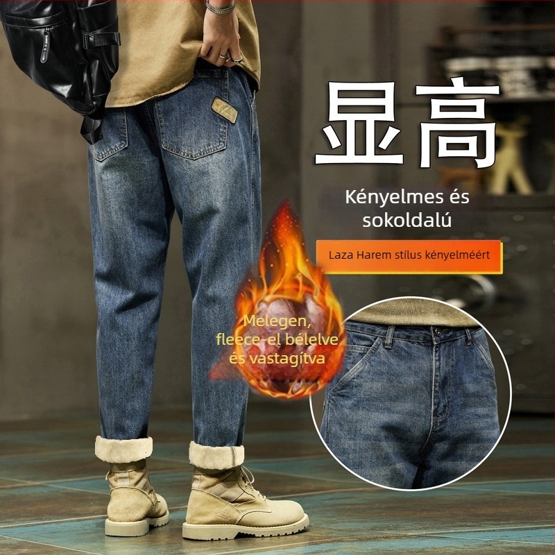 Férfi farmer fleece-béléssel, lazább szabású, középmagas derék, tél 2025