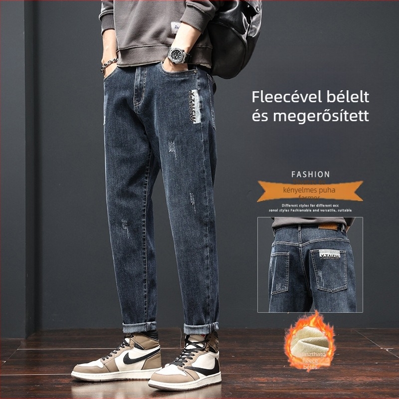 Fleece-béléssel ellátott férfi farmer, lazán szabott egyenes szár, középső derék, cipzár, ultra elasztikus, kőmosott, ősz 2025