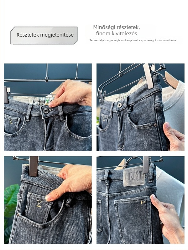 Téli férfi farmernadrág fleece béléssel, vastag és divatos, enyhén bő szabású, egyenes szárú