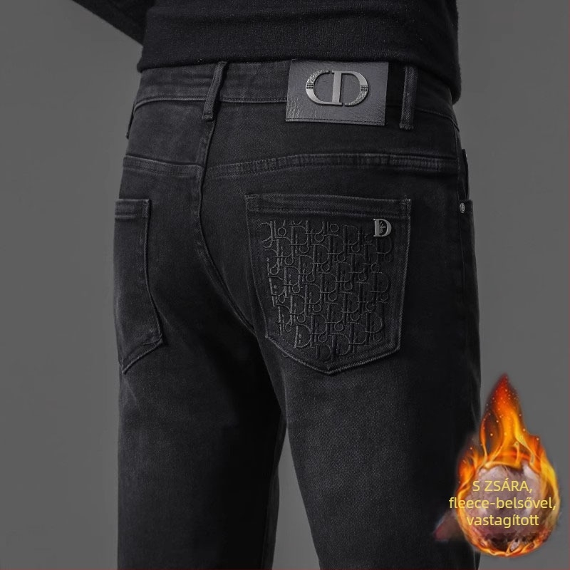 Férfiaknak készült farmernadrág fleece-béléssel, hímzéssel, mikroelasztikus egyenes szabású, cipzár, téli viselet