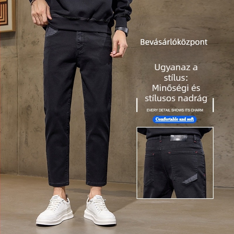Férfi farmer egyenes szárú szabás, középmagas derék, 9/10 hossz, pamut, cipzár, jacquard mintázat, fleece bélés, alkalmas őszre