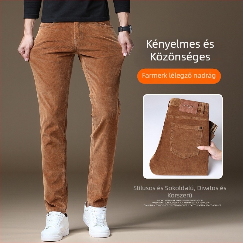 Férfi corduroy nadrág — pamut-stretch denim, középmagas derék, egyenes szabás, cipzáros zárás, téli vastagodás