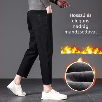 Férfi farmernadrág egyenes szabású, középmagas derekú, cipzáras záródás, modal anyag, polár bélés