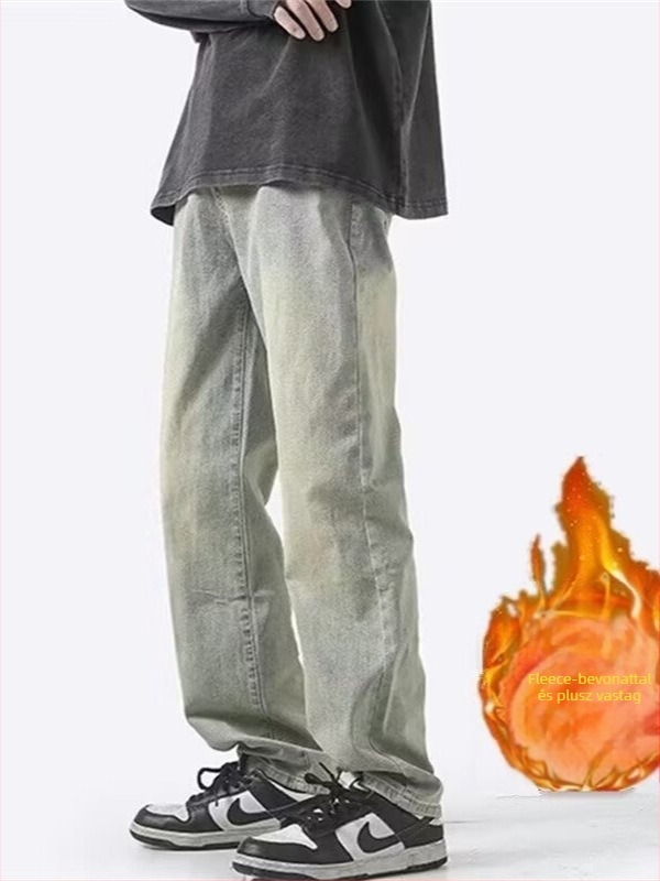 Férfi denim farmernadrág, egyenes szabású, mosott, középmagas derekú