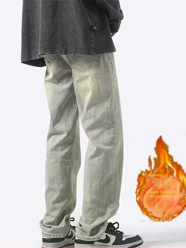 Férfi denim farmernadrág, egyenes szabású, mosott, középmagas derekú