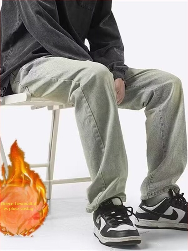 Férfi denim farmernadrág, egyenes szabású, mosott, középmagas derekú