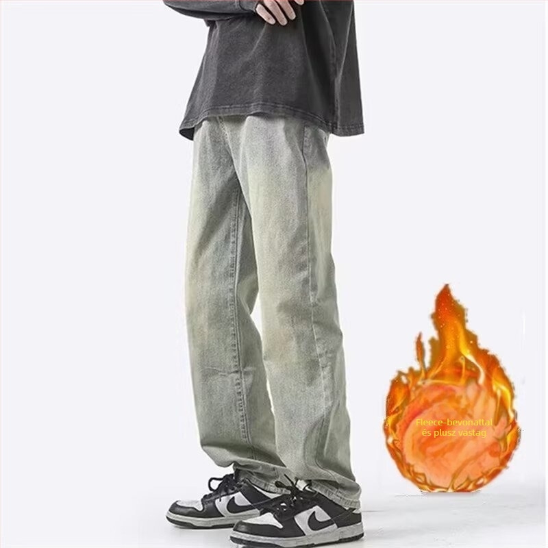 Férfi denim farmernadrág, egyenes szabású, mosott, középmagas derekú