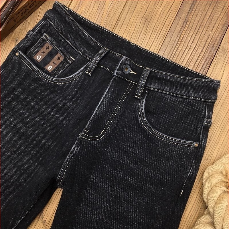 Férfi farmernadrág, koreai stílus, fleece-béléssel bélelt, szűk szabás, középmagas derekú, cipzáras záródás