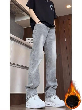 Férfi denim nadrág fleece-béléssel, egyenes szárú, középmagas derekú, cipzáras záródás, téli viseletre