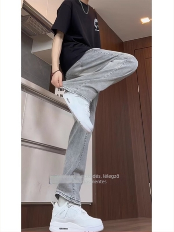 Férfi denim nadrág fleece-béléssel, egyenes szárú, középmagas derekú, cipzáras záródás, téli viseletre