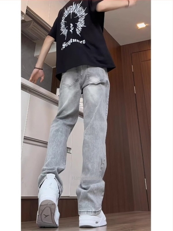 Férfi denim nadrág fleece-béléssel, egyenes szárú, középmagas derekú, cipzáras záródás, téli viseletre