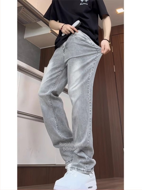 Férfi denim nadrág fleece-béléssel, egyenes szárú, középmagas derekú, cipzáras záródás, téli viseletre