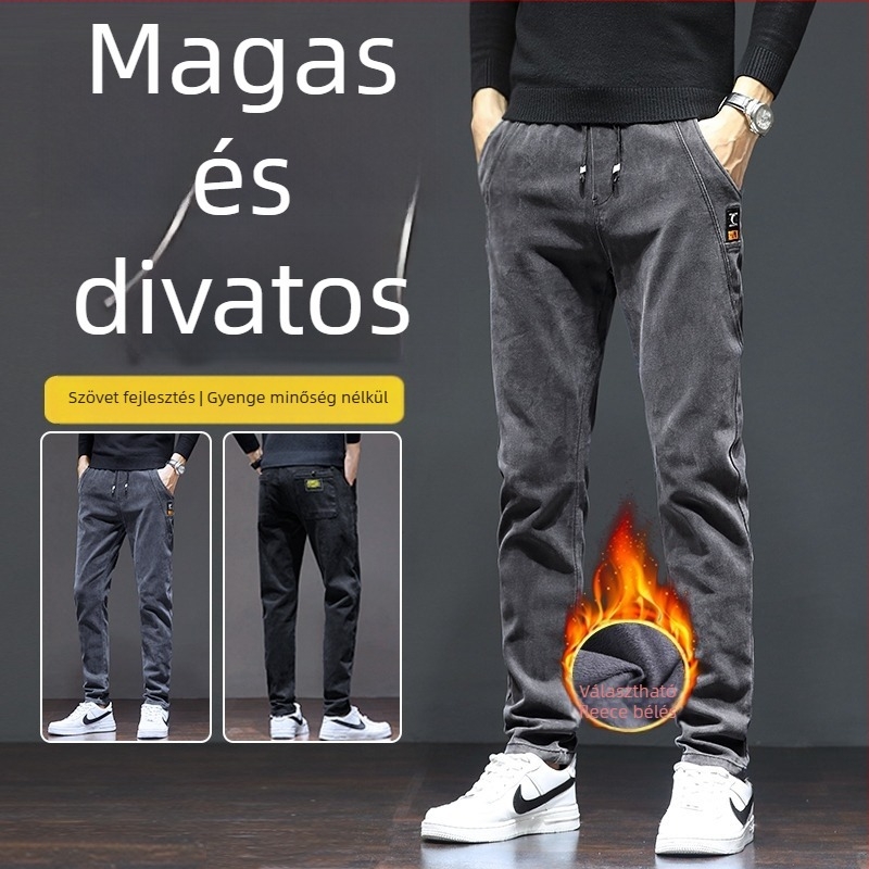 Férfi farmernadrág fleece bélés, magas derék, egyenes szabás, kötős zár, téli mindennapi nadrág