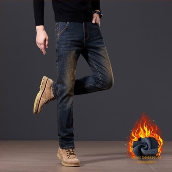 Férfi denimnadrág fleece-béléssel, vastagított, egyenes szabás (középmagasságú derék, cipzár, elasztikusság, tél)