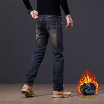 Férfi denimnadrág fleece-béléssel, vastagított, egyenes szabás (középmagasságú derék, cipzár, elasztikusság, tél)