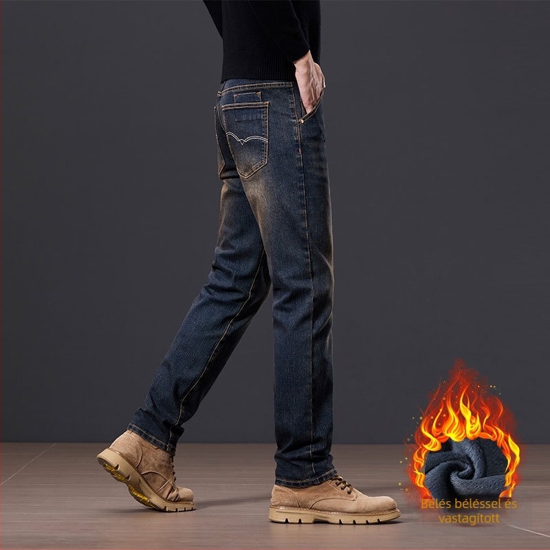 Férfi denimnadrág fleece-béléssel, vastagított, egyenes szabás (középmagasságú derék, cipzár, elasztikusság, tél)