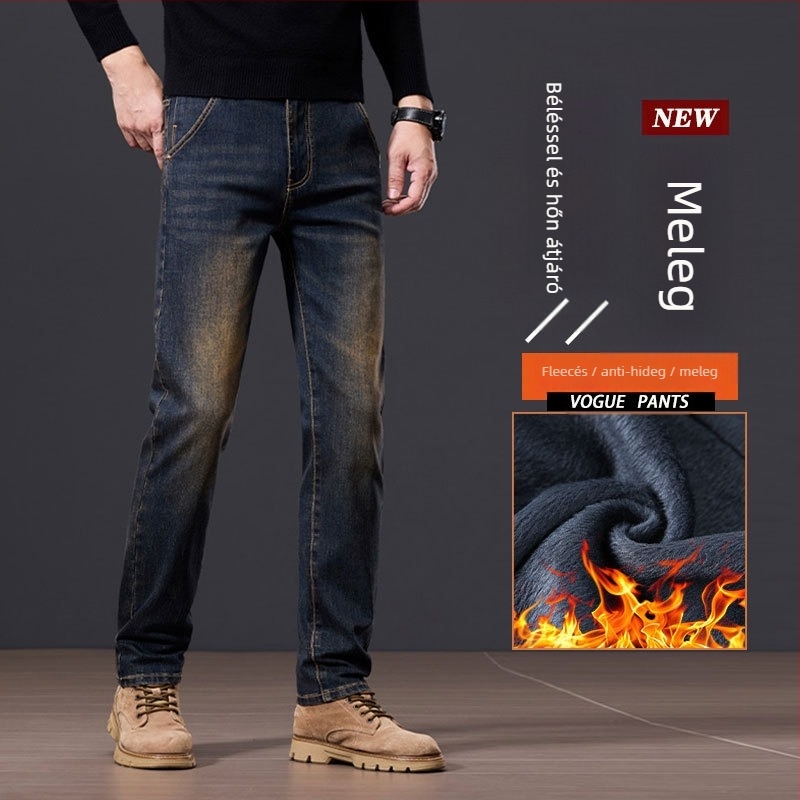Férfi denimnadrág fleece-béléssel, vastagított, egyenes szabás (középmagasságú derék, cipzár, elasztikusság, tél)
