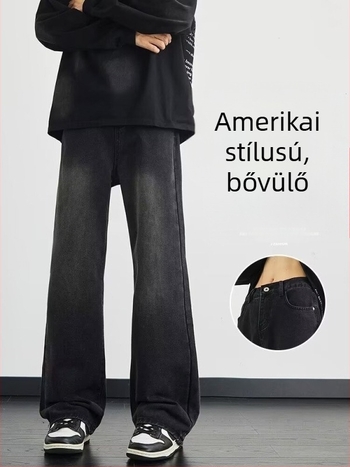 Férfi farmernadrág fleece-béléssel, fekete-szürke árnyalatban, egyenes szabás, amerikai stílus, téli mindennapi nadrág