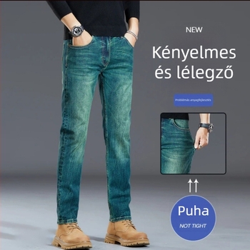 Férfi stretch denim farmer, középmagas derekú, egyenes szár, distressed felülettel, casual slim-fit