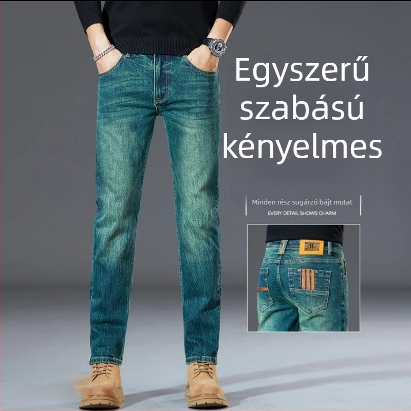 Férfi stretch denim farmer, középmagas derekú, egyenes szár, distressed felülettel, casual slim-fit