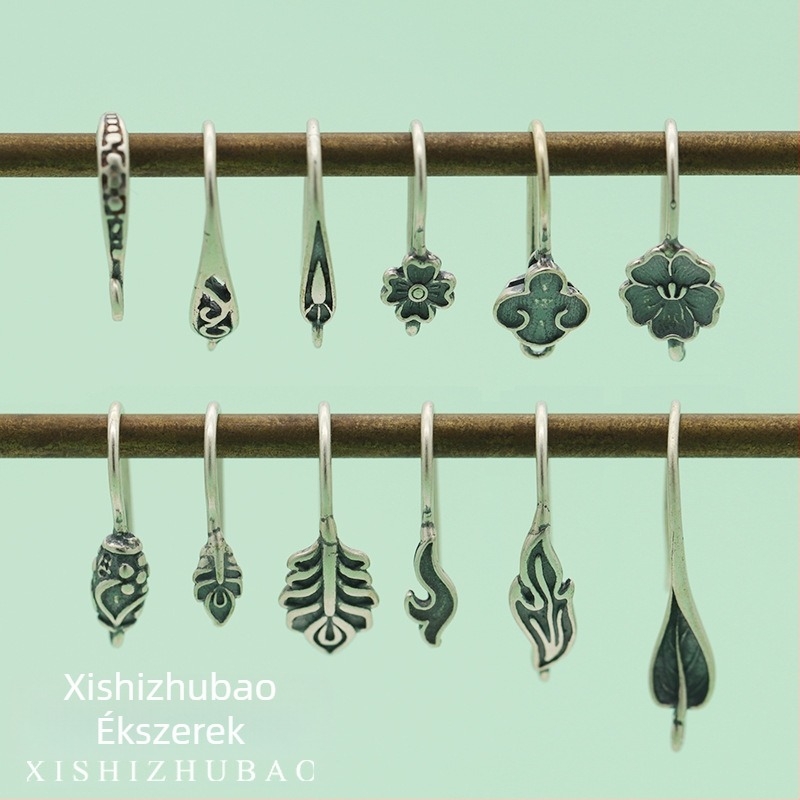 S925 ezüst fülhurok – vintage matt felület, kis virág totem, félig kész DIY ékszer alkatrész