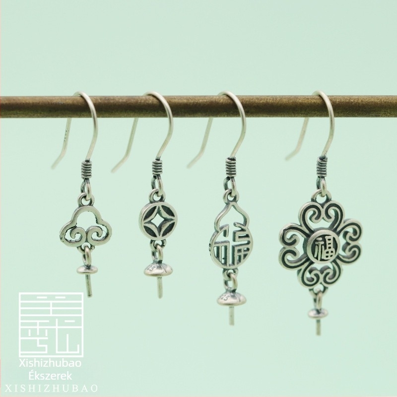 S925 ezüst fülhurok – vintage matt felület, kis virág totem, félig kész DIY ékszer alkatrész