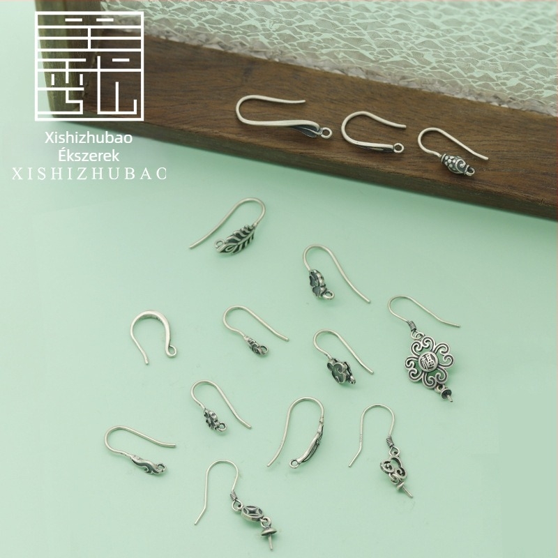 S925 ezüst fülhurok – vintage matt felület, kis virág totem, félig kész DIY ékszer alkatrész