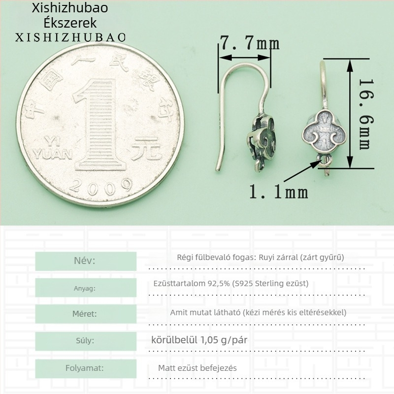 S925 ezüst fülhurok – vintage matt felület, kis virág totem, félig kész DIY ékszer alkatrész