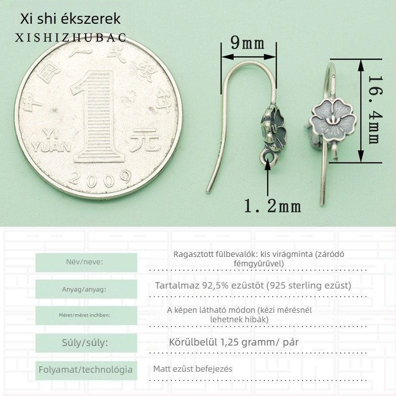S925 ezüst fülhurok – vintage matt felület, kis virág totem, félig kész DIY ékszer alkatrész