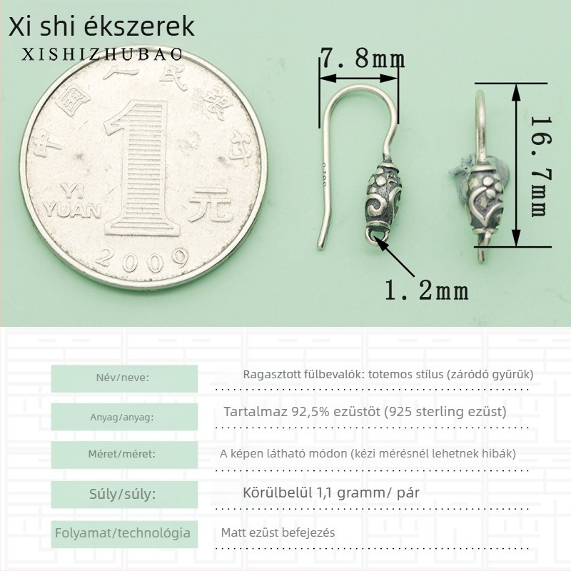 S925 ezüst fülhurok – vintage matt felület, kis virág totem, félig kész DIY ékszer alkatrész