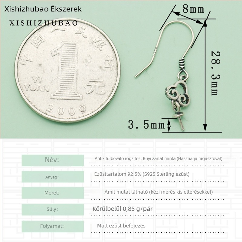 S925 ezüst fülhurok – vintage matt felület, kis virág totem, félig kész DIY ékszer alkatrész