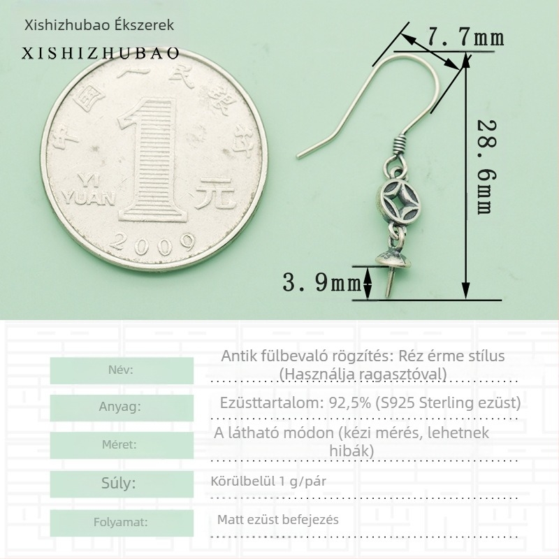 S925 ezüst fülhurok – vintage matt felület, kis virág totem, félig kész DIY ékszer alkatrész