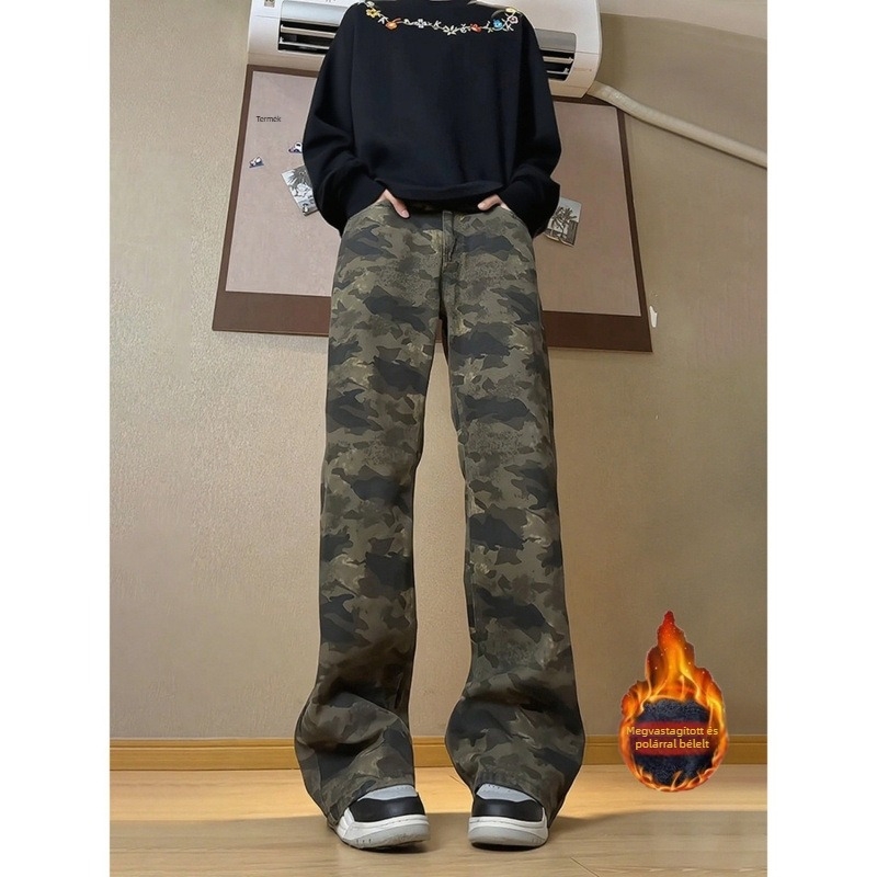 Amerikai retro camouflage farmernadrág téli fleece-béléssel, tiszta vonalú szabás, egyenes szár, cargo zsebek
