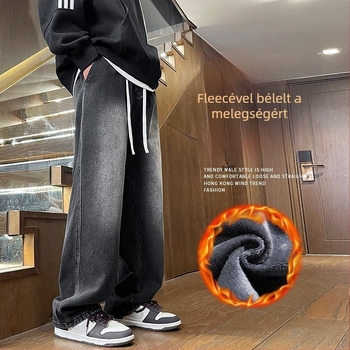 Férfi denim farmernadrág fleece-béléssel, középmagas derékkal, lazán szabott, mindennapi viselet