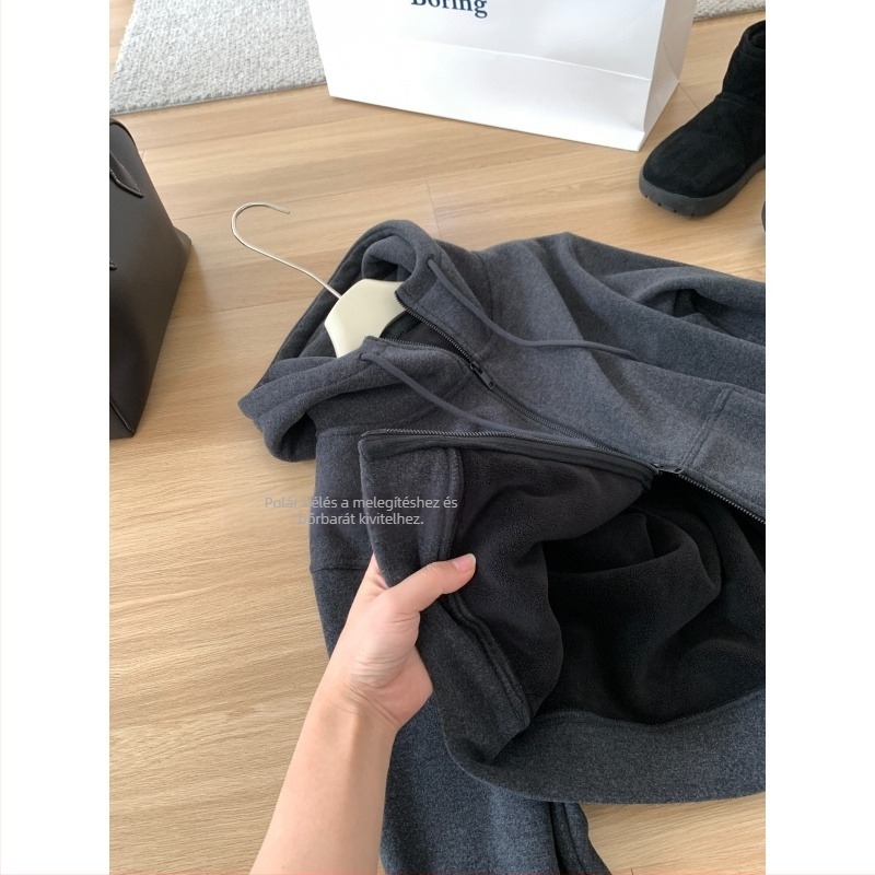 Női vastag fleece kapucnis pulóver, laza szabás, cipzár elöl, akril-poliészter keverék