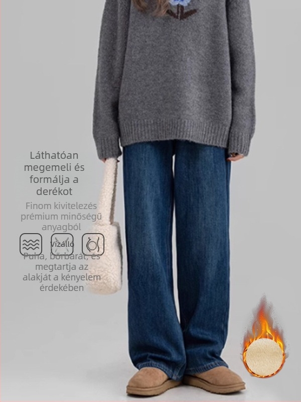 Kismamák számára készült denimnadrág – fleece béléssel, has támasztás, 70% pamut, széles szabású, padlóig érő