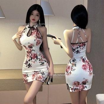 Cheongsam ruha, nyomtatott mintával, ujjatlan, magas hasíték, poliészter anyagból
