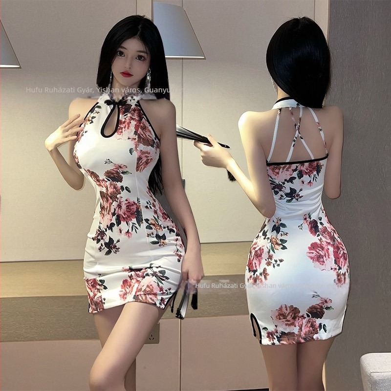 Cheongsam ruha, nyomtatott mintával, ujjatlan, magas hasíték, poliészter anyagból