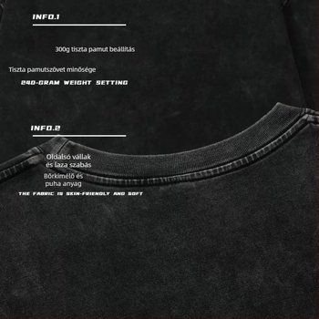 Uniszex pamut T-shirt, 96%+ pamut, 300-350 g, mosott distressed stílus, laza szabású, kerek nyak