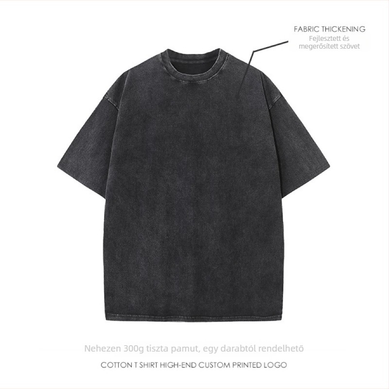 Uniszex pamut T-shirt, 96%+ pamut, 300-350 g, mosott distressed stílus, laza szabású, kerek nyak