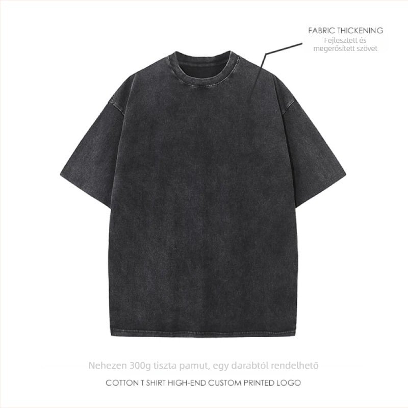 Uniszex pamut T-shirt, 96%+ pamut, 300-350 g, mosott distressed stílus, laza szabású, kerek nyak