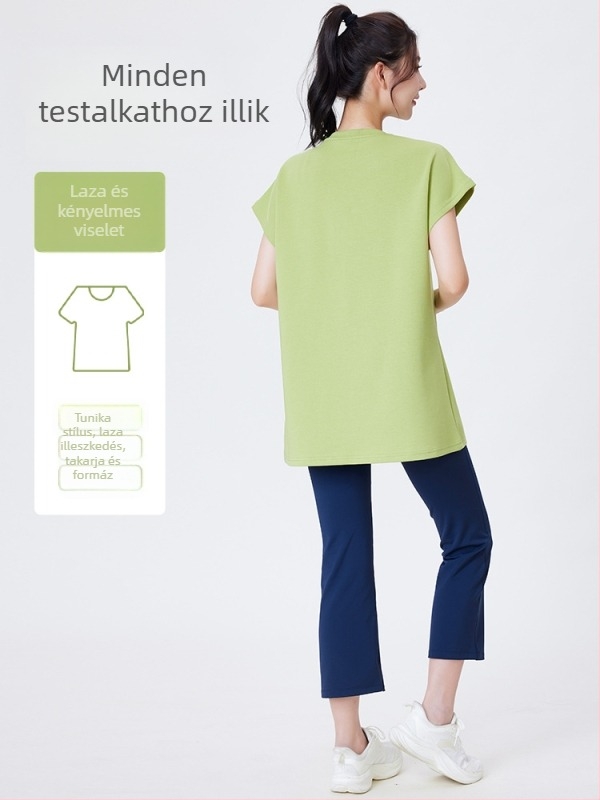 Pamut–polieszter–elasztán keverékű póló kerek nyakkal, laza szabású, lebegő ujjú, sport és jóga számára, nőknek